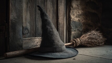 Halloween witch hat and broom leaning against rustic wall moody lighting magical seasonal photography setup