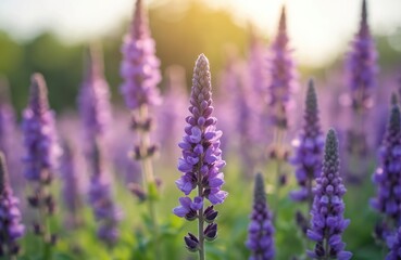 Obraz premium Purple catnip flowers bloom in a sunny summer field. Green leaves and lilac blossoms create a beautiful natural scene with soft light. Delicate petals sway gently in the warm breeze.