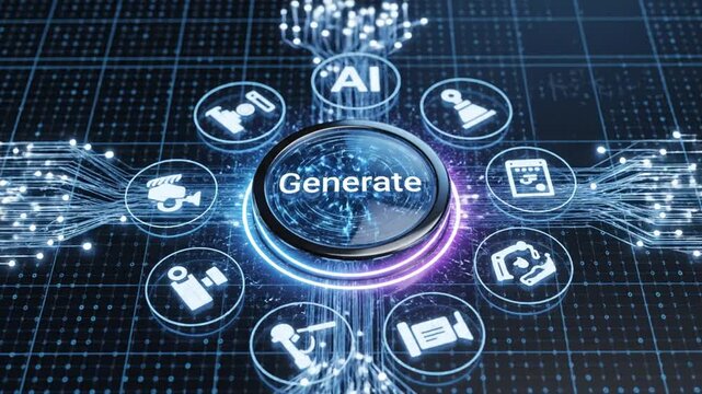 Top view of glowing Generate button surrounded by AI tool icons in circular layout, representing content automation, digital creation, and smart technology platform interface. 18394545 1