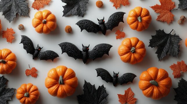 Minimalist Halloween flat lay black bats orange pumpkins autumn leaves on white background clean modern photo - Powered by Adobe