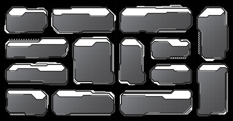 White futuristic HUD, UI elements. Sci-fi user interface text boxes, callouts. Warning message frames, information boxes template. Modern game interface layout in digital style. Vector illustration