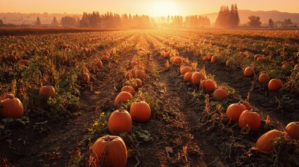 Pumpkin Patch Sunset Rows of ripe pumpkins bathed in golden sunset light await pickers during Halloween season