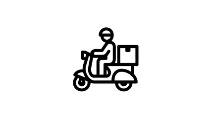 Delivery person on scooter with package box icon. Fast courier service, food delivery, outline vector symbol.