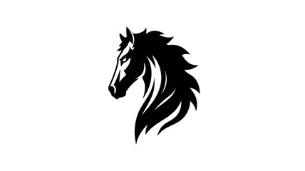 Majestic black horse head silhouette with flowing mane, powerful equestrian animal illustration, graphic design element on white background.
