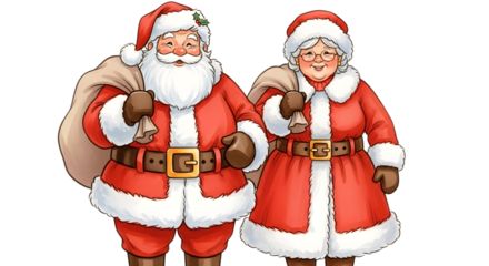 Santa claus and mrs claus standing together, both carrying sacks of gifts, isolated on transparent background