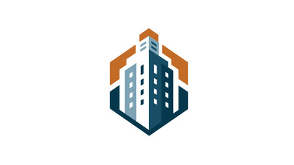 Modern abstract cityscape logo featuring two contemporary buildings within a sleek geometric hexagonal frame, architectural design icon.
