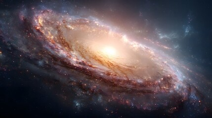 Brilliant spiral celestial body dominates the deep space vista with swirling dust lanes