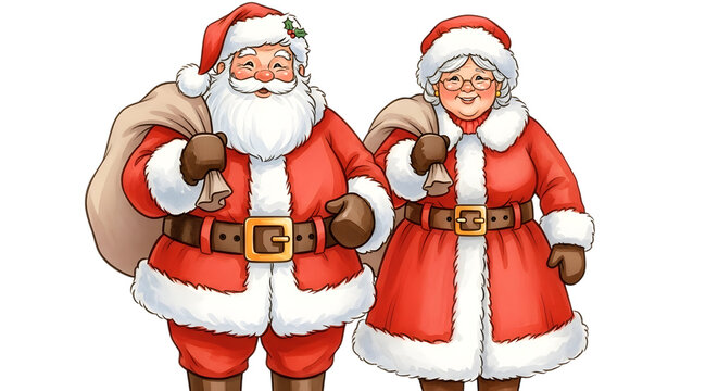 Santa claus and mrs claus standing together, both carrying sacks of gifts, isolated on transparent background