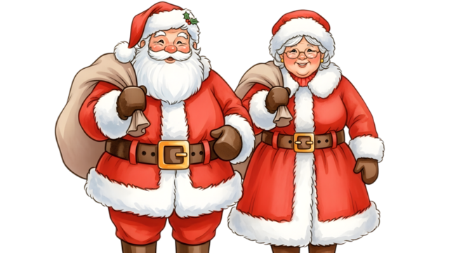 Santa claus and mrs claus standing together, both carrying sacks of gifts, isolated on transparent background