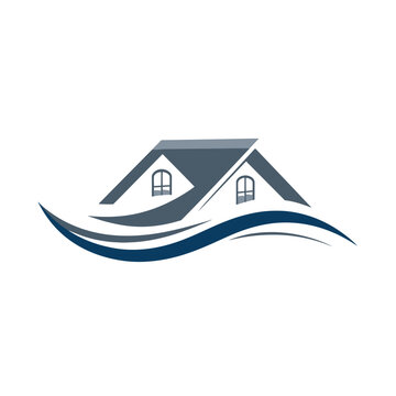 Modern graphic logo design of a residential house with a dark roof and flowing blue wave element, representing home, property, and real estate services.
