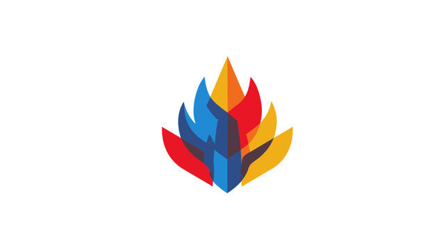 Abstract colorful flame symbol illustration. Modern flat design fire icon with vibrant overlapping elements in red, blue, and yellow.