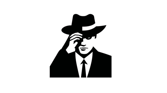 Mysterious man in classic fedora hat tipping his brim, elegant gentleman silhouette illustration, vintage style, secret agent character