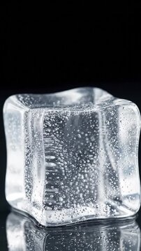 Close-up of an ice cube with bubbles on reflective surface