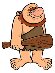 A Funny cartoon of Caveman wearing primitive tunic and carrying a giant club. Best for sticker, logo, and mascot with prehistoric theme for kids
