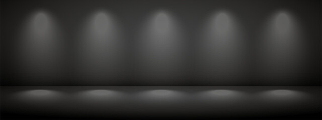 Limbo black background with light shadow. Abstract studio gradient bg. Modern banner with empty space for advertising text. Vector illustration.