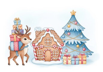Fototapeta premium Cute reindeer carrying stack of presents next to a gingerbread house and a decorated christmas tree, isolated on white background