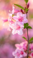 Pink apple and cherry blossom flowers on a tree branch in spring, showcasing nature's beauty