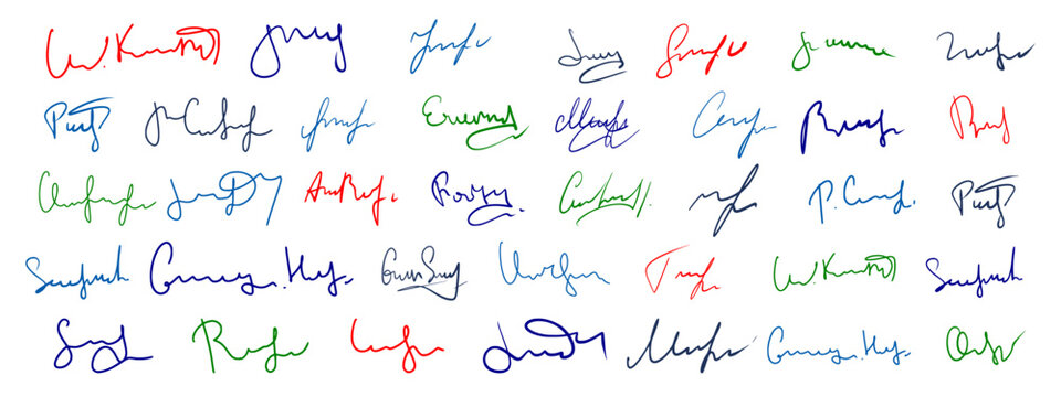 Set of vector handwritten fake signatures. Fictitious multicolored ink autographs for document and contract.