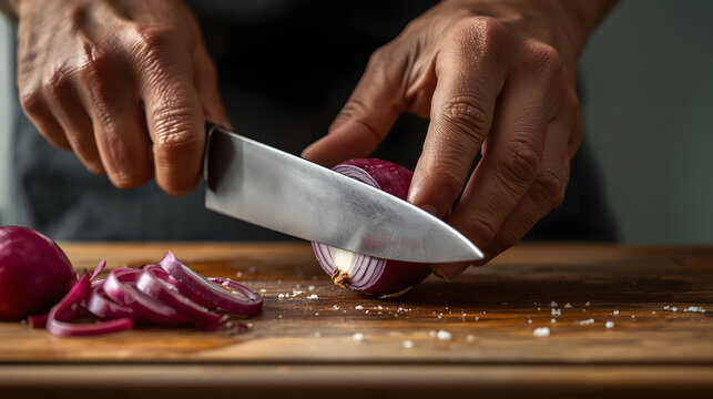 Close-up of hands slicing a red onion on a wooden cutting board with a sharp knife.