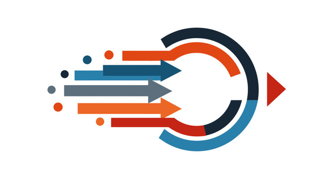 Dynamic business process flow graphic with merging arrows indicating integration, evolution, workflow, and continuous progression.