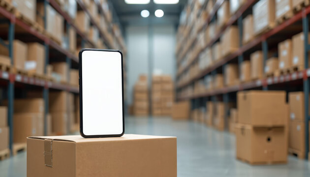 Smartphone mockup on cardboard box in warehouse setting. Blank screen displays digital content. Image represents product presentation, e-commerce solutions within logistics environment. Suitable for