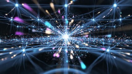 This abstract digital background showcases interconnected blue lines, glowing colorful dots, and intricate concentric circles, illustrating concepts of global networks, artificial intellige 27114383 2 - Powered by Adobe