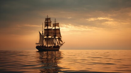 Tall masted sailing vessel navigates calm waters during a vibrant twilight