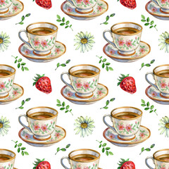 Seamless watercolor pattern with vintage tea cups, chamomile flowers, strawberries, and green leaves, cozy cottagecore design, hand-painted floral background for kitchen decor and fabric print