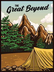 
Posters featuring various outdoor themes such as lakes and mountain exploration are on display.