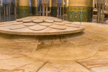 Morocco, Casablanca - 17 October 2025:Interior of the ablution hall (hammam) of the Hassan II Mosque in Casablanca, Morocco. Marble columns, arches and traditional Islamic ornaments.