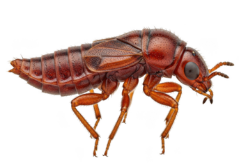 Detailed macro photo of a brown rove beetle (staphylinidae) insect specimen for scientific study isolated on transparent background