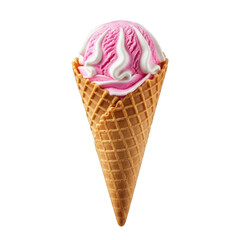 Delicious strawberry ice cream cone with whipped cream topping, summer treat, sweet dessert, food photography, confectionery, isolated on transparent background