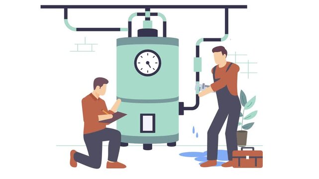 two professionals working on large water heater boiler animation, Technicians Ensuring Optimal Heating system Performance animated video, plumbing worker clip,  HVAC Handyman Services motion graphics