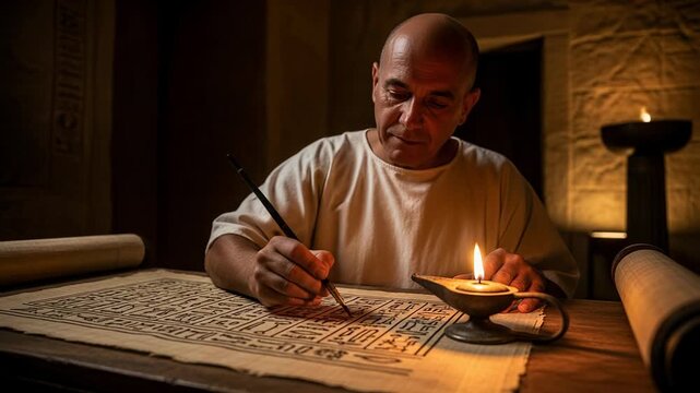 Scribe priest creates intricate hieroglyphs on papyrus scroll by the flickering oil lamp - Powered by Adobe