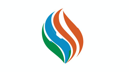 Abstract organic flame or leaf symbol with flowing green, blue, and orange stripes on a white background, representing nature, energy, and growth.