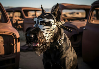 Dog in muzzle near vintage cars in desert ,madmax dog