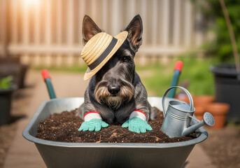 Dog in hat and gloves in wheelbarrow with soil