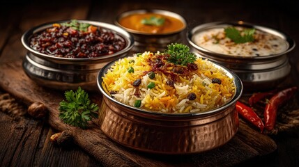 Traditional Indian Food Tiffin aromatic biryani dal chutneys neatly packed in stainless steel cultural ambiance vivid textures photo appeal