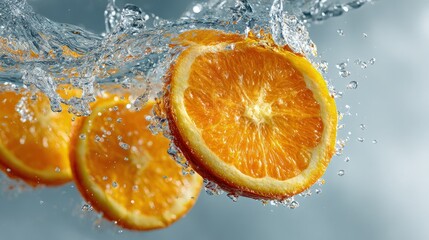 Fresh orange slices splashing water sparkling liquid motion zesty citrus burst clean white backdrop dynamic photo for advertising