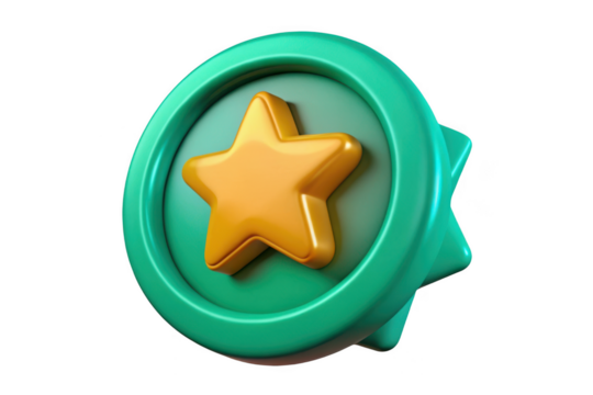 3d rendered green coin with golden star icon, game asset, reward token, achievement badge, isolated on transparent background