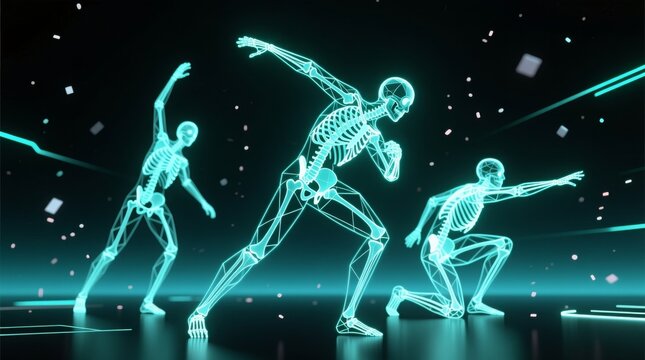 glowing wireframe skeletons in dynamic poses against a dark, digital backdrop, perfect for tech, medical, or futuristic design projects.