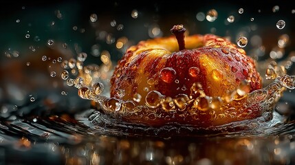 Heavy quince hits calm surface sending out concentric circles of glistening water droplets