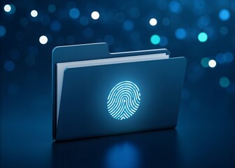 Secure folder with glowing fingerprint symbol data security and privacy protection concept illuminated on dark blue background with bokeh lights