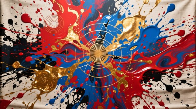 vibrant abstract art with red, blue, and gold paint splashes on canvas, featuring geometric patterns for modern design or album covers.