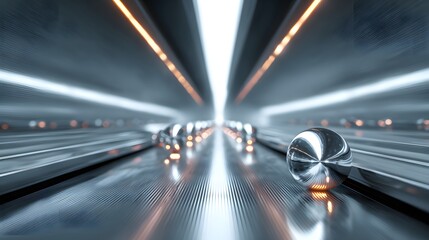 Fototapeta premium Highly polished metal spheres rest upon a textured, illuminated futuristic pathway