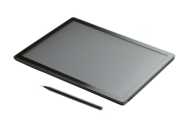 High resolution tablet mockup with stylus pen digital device technology display screen isolated on transparent background
