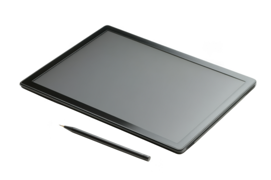 High resolution tablet mockup with stylus pen digital device technology display screen isolated on transparent background