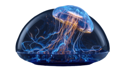 Transparent jellyfish with long flowing tentacles floating gracefully in water with glowing body isolated on white background