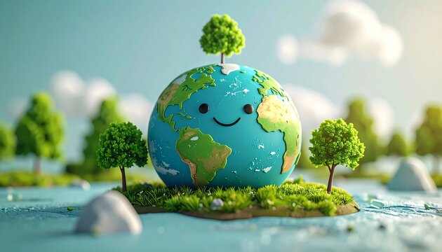 A smiling cartoon Earth globe with a small tree growing on top, sitting on a grassy patch surrounded by water, trees, and a bright sky.