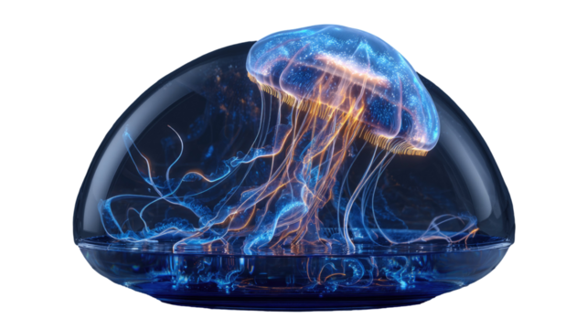 Transparent jellyfish with long flowing tentacles floating gracefully in water with glowing body isolated on white background